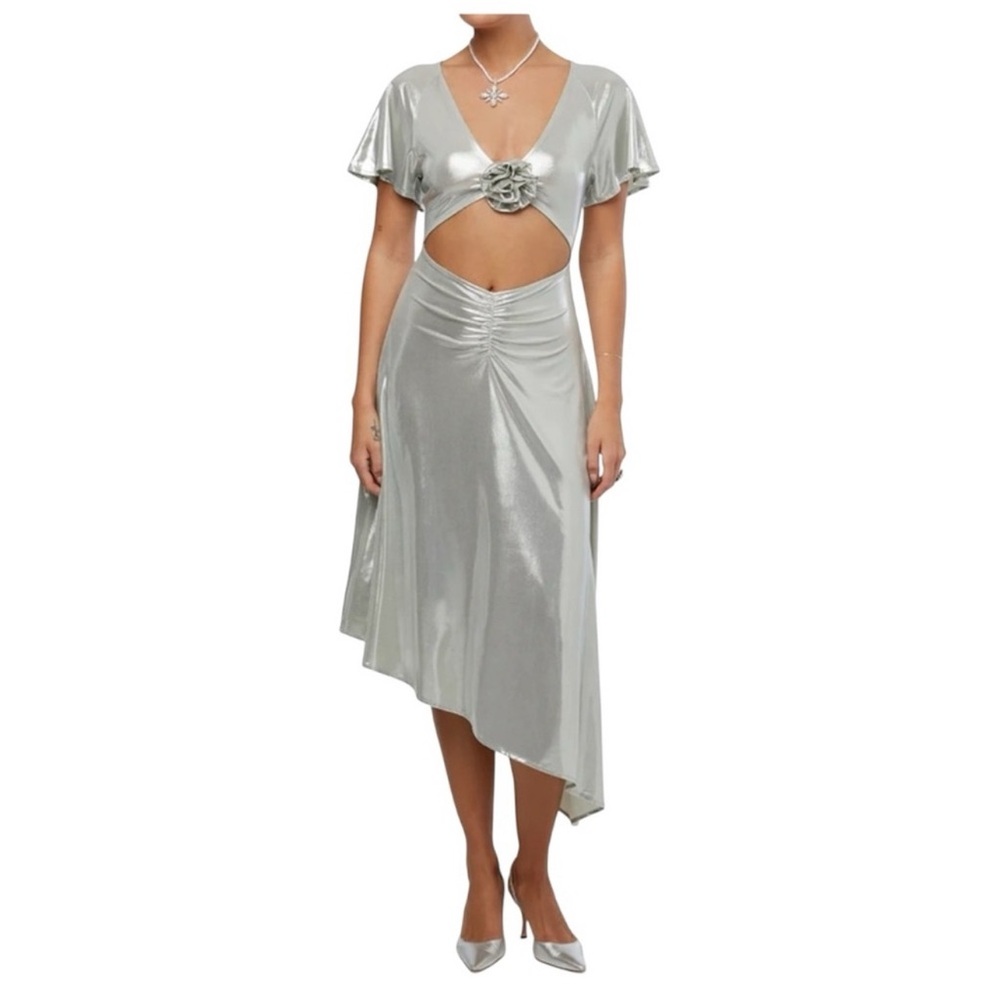 WeWoreWhat Asymmetrical CutOut Liquid Foil Silver Dress